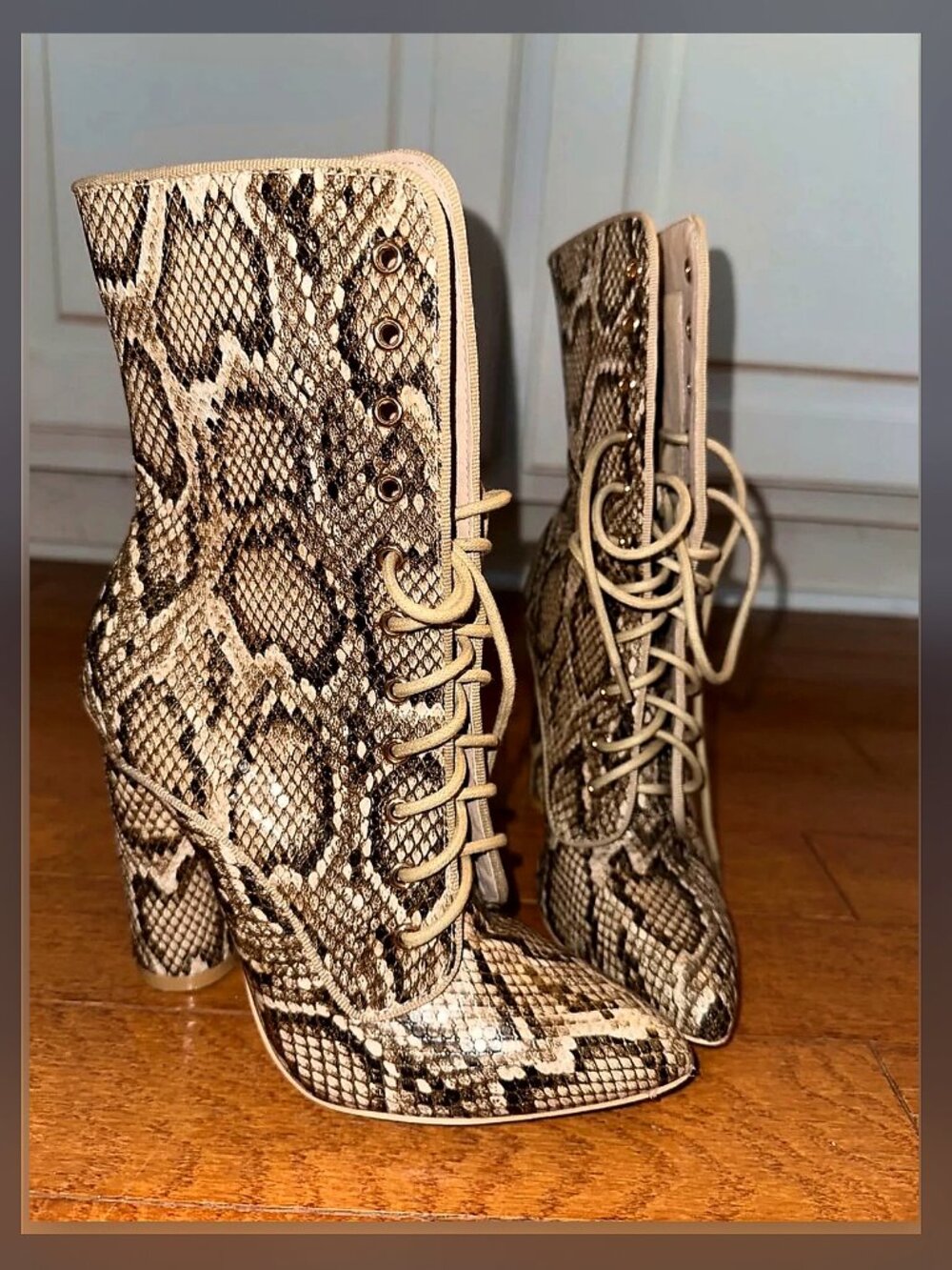Fashion Nova Tan Snake Print Lace-Up Boots